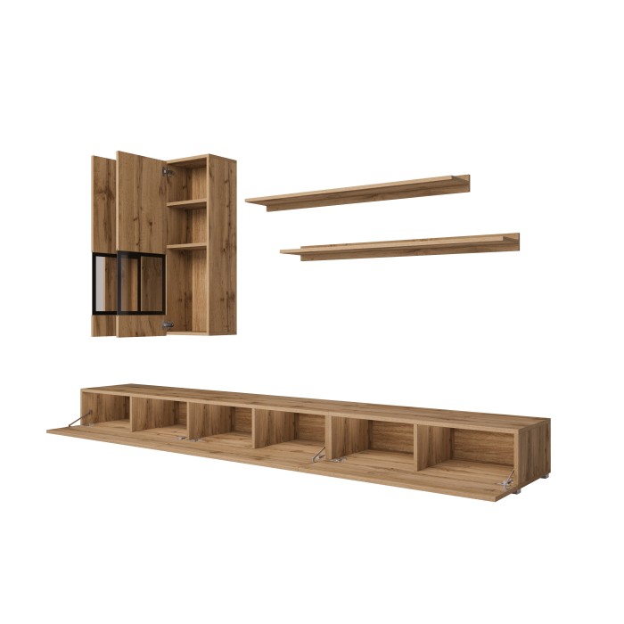Ensemble meubles de salon RAMOS – Chêne doré et noir – Design contemporain sans LED
