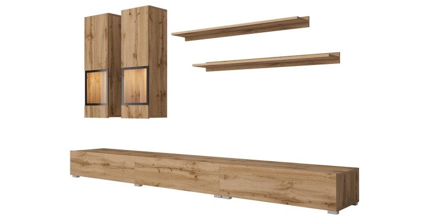 Set woonkamermeubels RAMOS - Gouden eiken en zwart - Geïntegreerde multicolor LED - Hedendaagse stijl