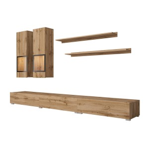 Set woonkamermeubels RAMOS - Gouden eiken en zwart - Geïntegreerde multicolor LED - Hedendaagse stijl