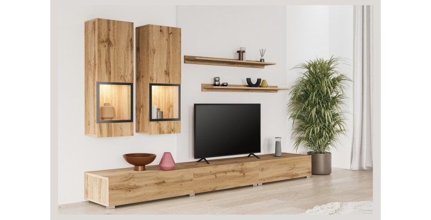 Set woonkamermeubels RAMOS - Gouden eiken en zwart - Geïntegreerde multicolor LED - Hedendaagse stijl