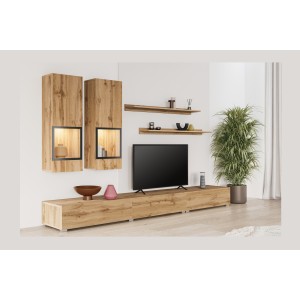 Set woonkamermeubels RAMOS - Gouden eiken en zwart - Geïntegreerde multicolor LED - Hedendaagse stijl