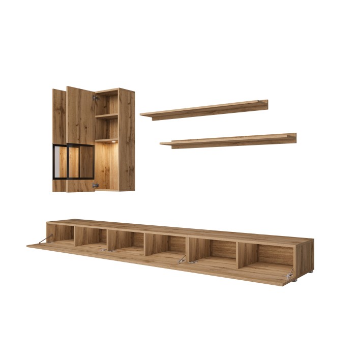 Möbelset für das Wohnzimmer RAMOS - Goldene Eiche und Schwarz - Integrierte mehrfarbige LED - Zeitgenössischer Stil