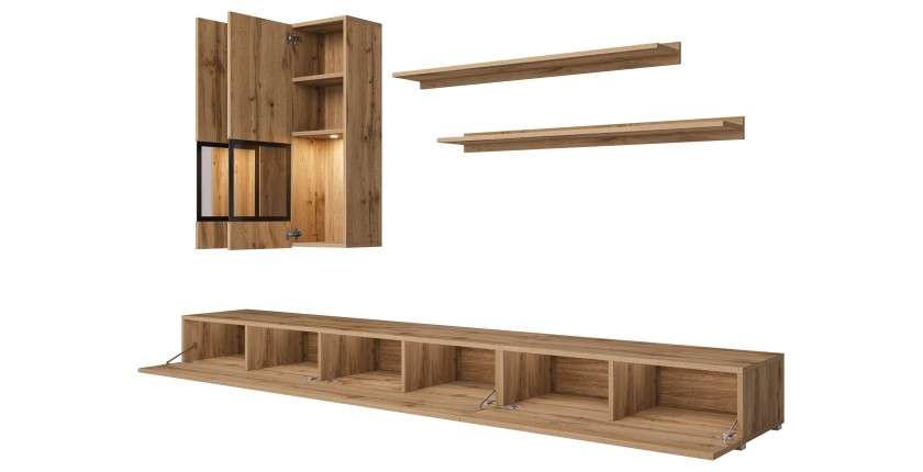 Set woonkamermeubels RAMOS - Gouden eiken en zwart - Geïntegreerde multicolor LED - Hedendaagse stijl
