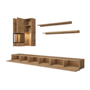 Set woonkamermeubels RAMOS - Gouden eiken en zwart - Geïntegreerde multicolor LED - Hedendaagse stijl