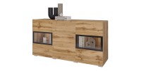 Buffet RAMOS 130 cm – Chêne doré et noir – 2 portes vitrées et 3 tiroirs – Sans LED
