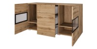 Buffet RAMOS 130 cm – Chêne doré et noir – 2 portes vitrées et 3 tiroirs – Sans LED