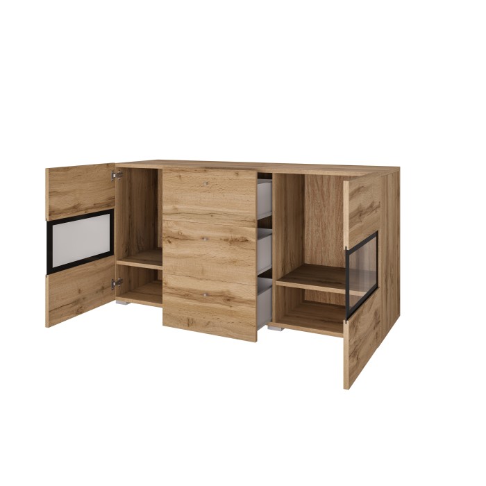 Buffet RAMOS 130 cm – Rovere dorato e nero – 2 porte in vetro e 3 cassetti – Senza LED