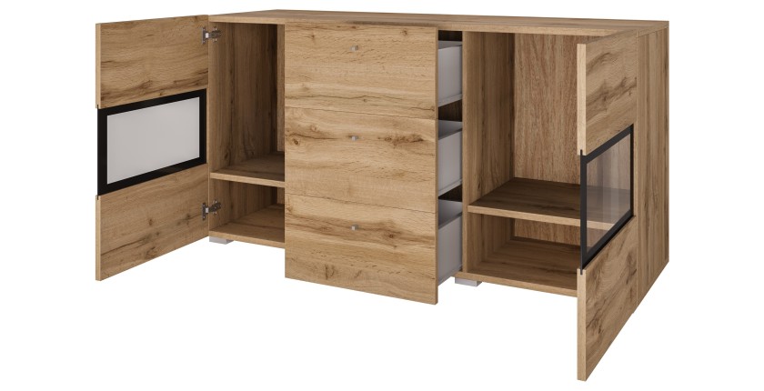 Buffet RAMOS 130 cm – Chêne doré et noir – 2 portes vitrées et 3 tiroirs – Sans LED