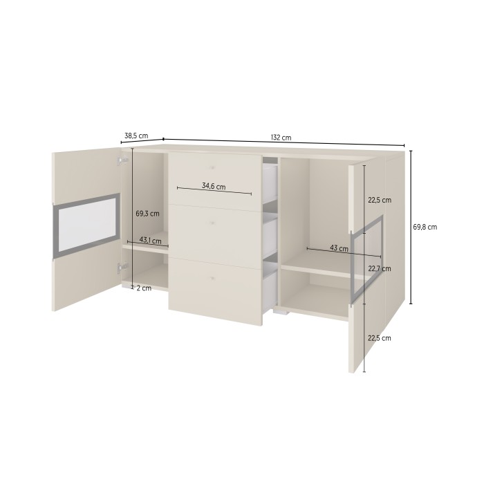 Buffet RAMOS 130 cm – Chêne doré et noir – 2 portes vitrées et 3 tiroirs – Sans LED