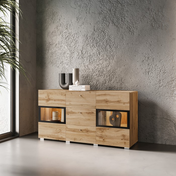 Buffet RAMOS 130 cm – Rovere dorato e nero – 2 porte in vetro e 3 cassetti – Senza LED