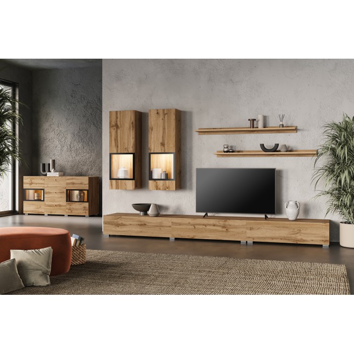 Buffet RAMOS 130 cm – Chêne doré et noir – 2 portes vitrées et 3 tiroirs – Sans LED