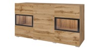 Buffet RAMOS 130 cm – Chêne doré et noir – LED multicolore intégrée – 2 portes vitrées et 3 tiroirs