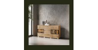 Buffet RAMOS 130 cm – Chêne doré et noir – LED multicolore intégrée – 2 portes vitrées et 3 tiroirs