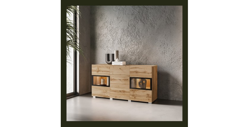 Buffet RAMOS 130 cm – Chêne doré et noir – LED multicolore intégrée – 2 portes vitrées et 3 tiroirs