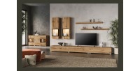 Buffet RAMOS 130 cm – Chêne doré et noir – LED multicolore intégrée – 2 portes vitrées et 3 tiroirs