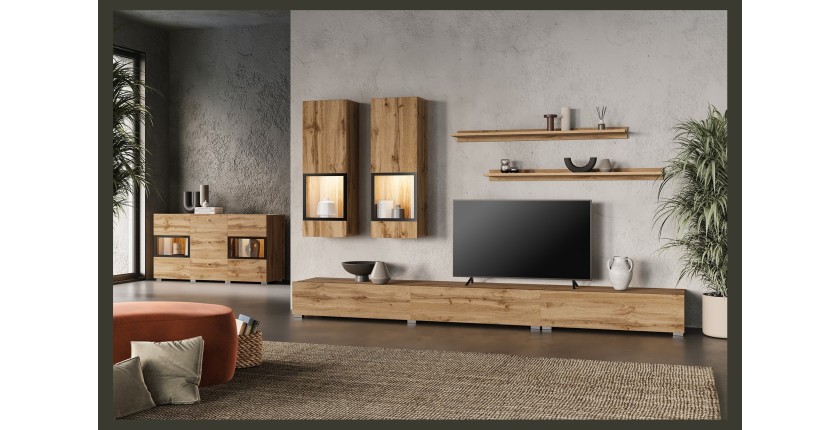 Buffet RAMOS 130 cm – Chêne doré et noir – LED multicolore intégrée – 2 portes vitrées et 3 tiroirs