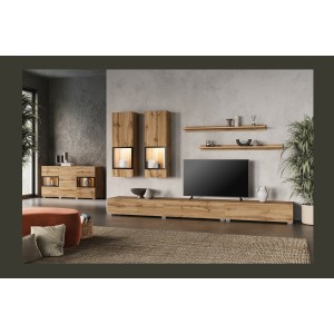 Buffet RAMOS 130 cm – Chêne doré et noir – LED multicolore intégrée – 2 portes vitrées et 3 tiroirs