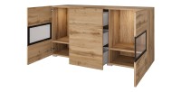 Buffet RAMOS 130 cm – Chêne doré et noir – LED multicolore intégrée – 2 portes vitrées et 3 tiroirs