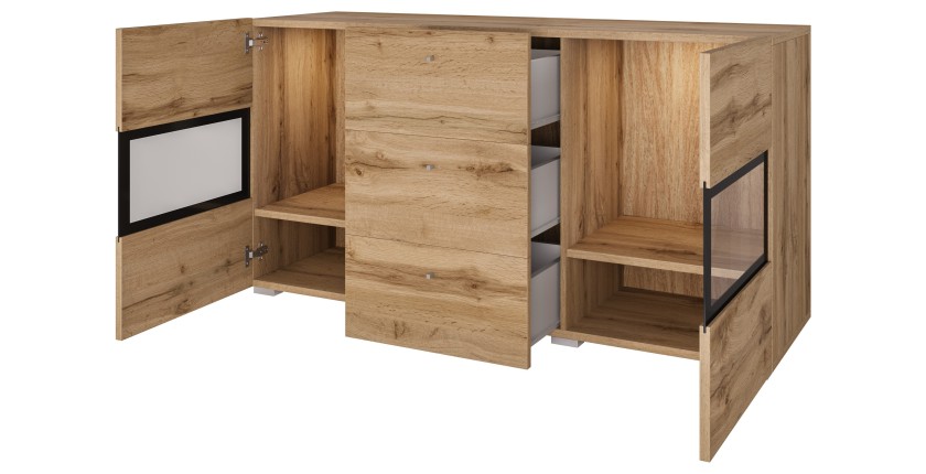 Buffet RAMOS 130 cm – Chêne doré et noir – LED multicolore intégrée – 2 portes vitrées et 3 tiroirs
