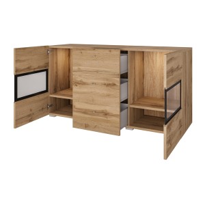 Buffet RAMOS 130 cm – Chêne doré et noir – LED multicolore intégrée – 2 portes vitrées et 3 tiroirs