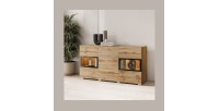 Buffet RAMOS 130 cm – Chêne doré et noir – LED multicolore intégrée – 2 portes vitrées et 3 tiroirs