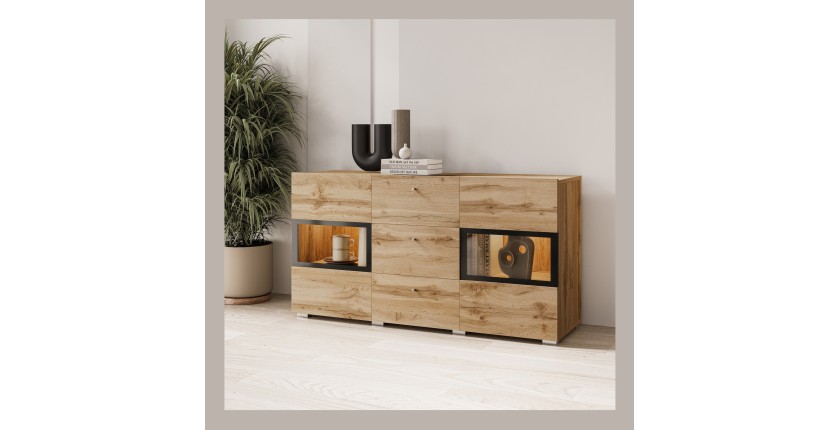 Buffet RAMOS 130 cm – Chêne doré et noir – LED multicolore intégrée – 2 portes vitrées et 3 tiroirs