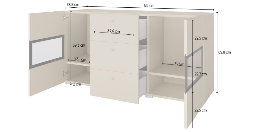 Buffet RAMOS 130 cm – Chêne doré et noir – LED multicolore intégrée – 2 portes vitrées et 3 tiroirs