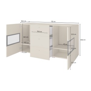 Buffet RAMOS 130 cm – Chêne doré et noir – LED multicolore intégrée – 2 portes vitrées et 3 tiroirs