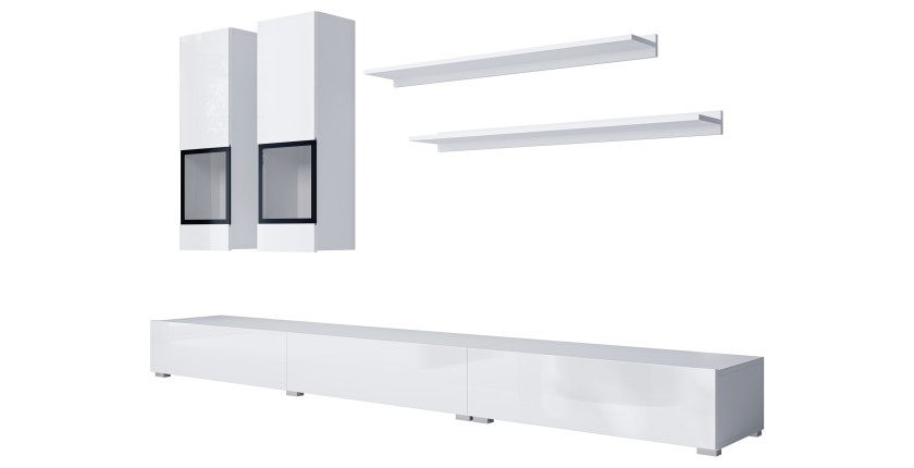 Ensemble de 7 meubles de salon collection RAMOS. Couleur blanc brillant.