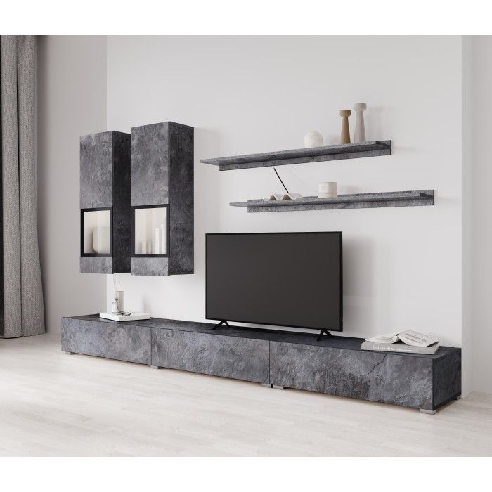 Volledige woonkamerset RAMOS - Leisteen effect - 7 meubels met geïntegreerde multicolor LED