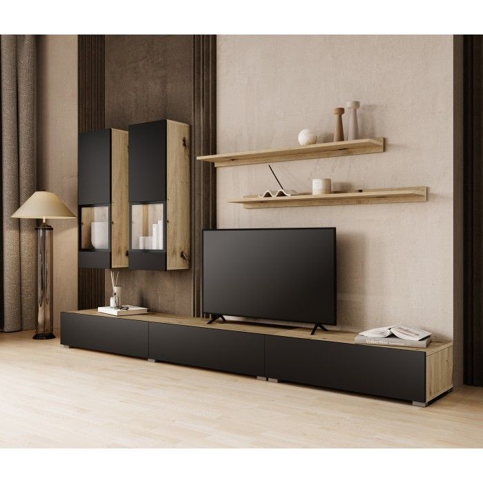 Complete woonkamerset RAMOS - Eiken en zwart - 7 meubels met geïntegreerde multicolor LED