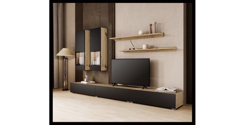Ensemble salon complet RAMOS – Chêne et noir – 7 meubles avec LED multicolore intégrée