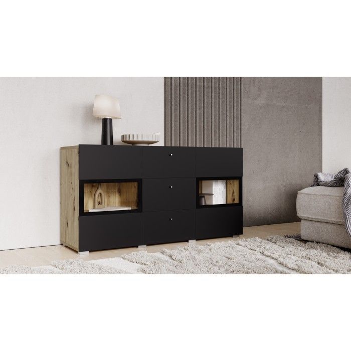 Ensemble salon complet RAMOS – Chêne et noir – 7 meubles avec LED multicolore intégrée