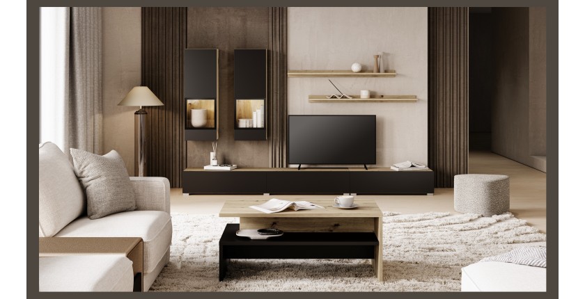 Ensemble salon complet RAMOS – Chêne et noir – 7 meubles avec LED multicolore intégrée