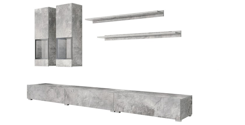 Conjunto completo para salón RAMOS – Efecto concreto – 7 muebles con LED multicolor integrado