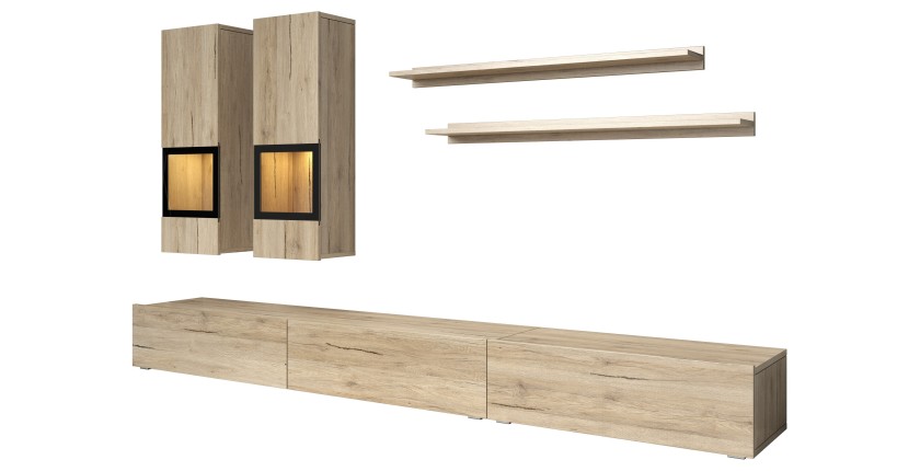 Ensemble salon complet RAMOS – Chêne – 7 meubles avec LED multicolore intégrée