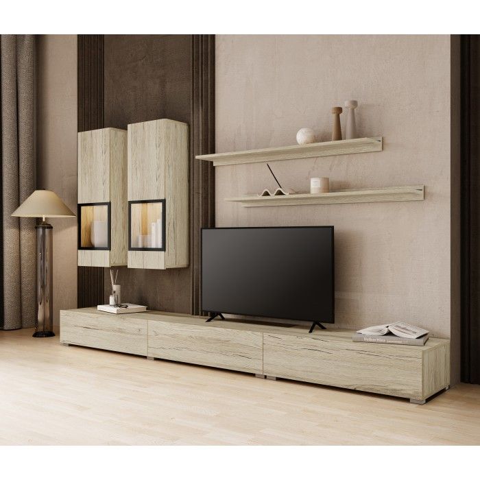 Conjunto completo de sala RAMOS – Roble – 7 muebles con LED multicolor integrado