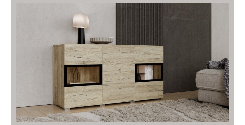 Ensemble salon complet RAMOS – Chêne – 7 meubles avec LED multicolore intégrée