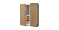 Armoire 3 portes 179x215 cm – Chêne sauvage et beige sable – Avec miroir central