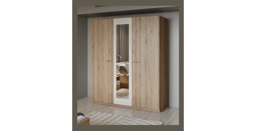 Armoire 3 portes 179x215 cm – Chêne sauvage et beige sable – Avec miroir central