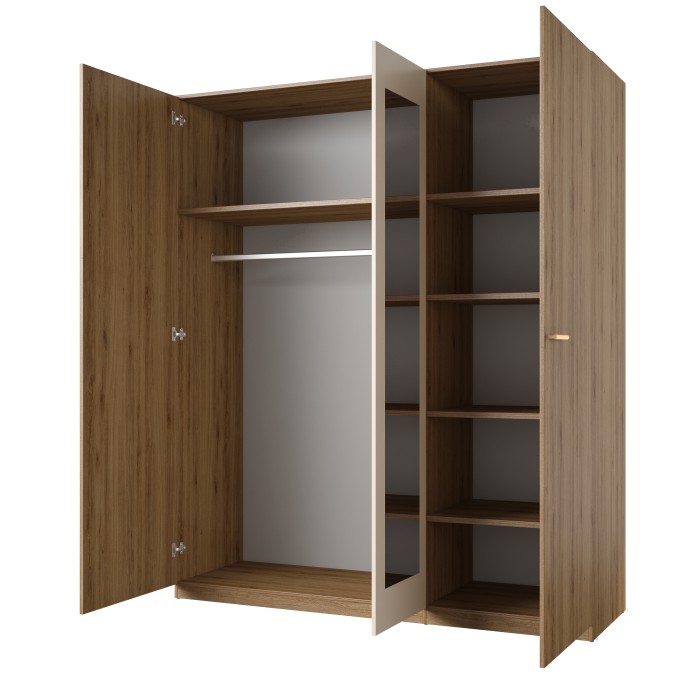 Armoire 3 portes 179x215 cm – Chêne sauvage et beige sable – Avec miroir central