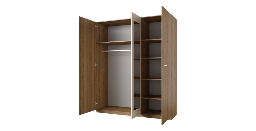 Armoire 3 portes 179x215 cm – Chêne sauvage et beige sable – Avec miroir central