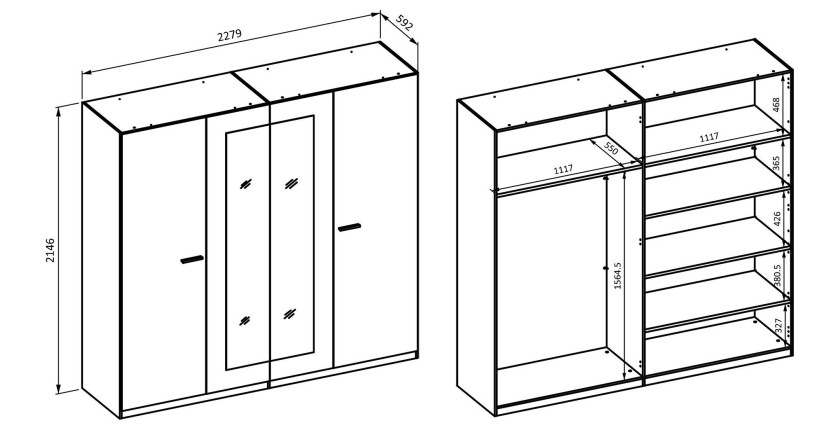 Armoire VERTIGO – 4 portes avec miroir – 228x215 cm – Chêne sauvage et beige sable