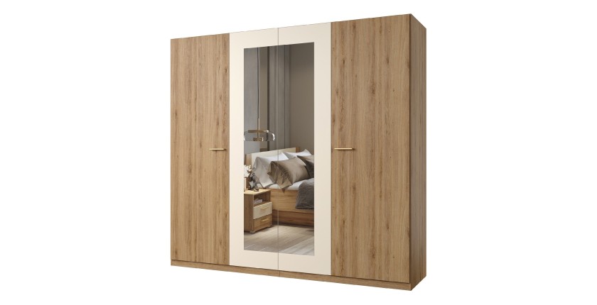Armoire VERTIGO – 4 portes avec miroir – 228x215 cm – Chêne sauvage et beige sable