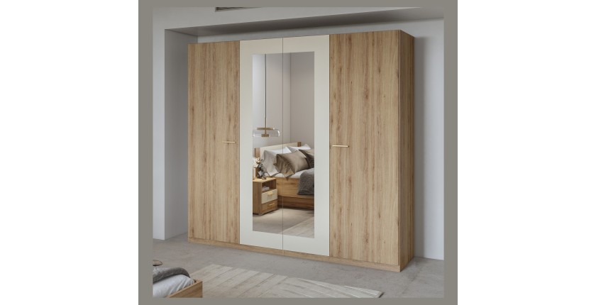 Armoire VERTIGO – 4 portes avec miroir – 228x215 cm – Chêne sauvage et beige sable