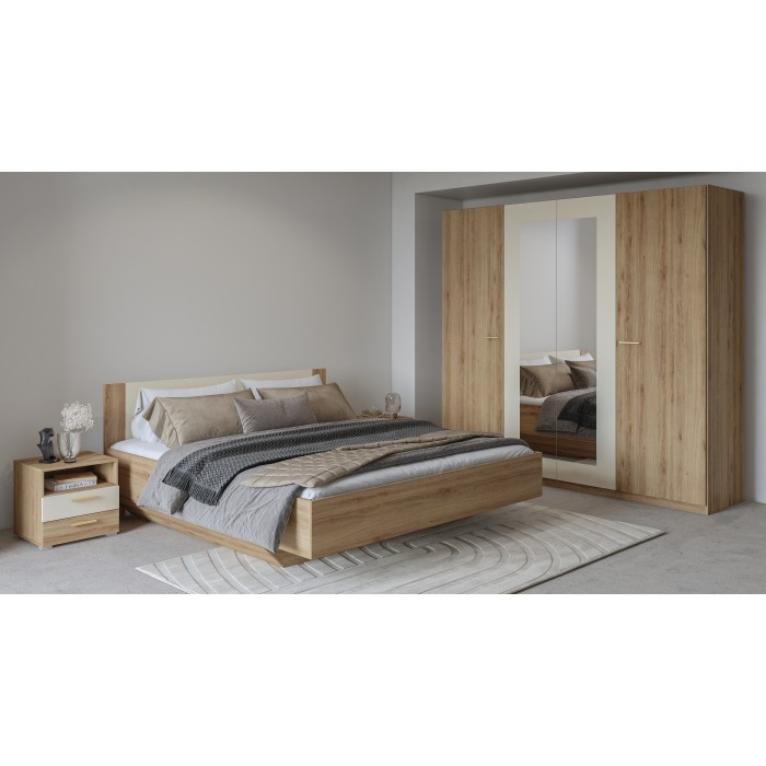 Armoire VERTIGO – 4 portes avec miroir – 228x215 cm – Chêne sauvage et beige sable