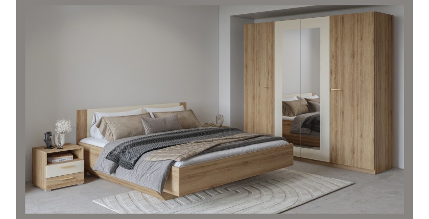 Armoire VERTIGO – 4 portes avec miroir – 228x215 cm – Chêne sauvage et beige sable
