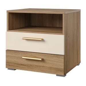 Table de chevet VERTIGO – 2 tiroirs + 1 niche – Chêne sauvage et beige sable – Poignées dorées