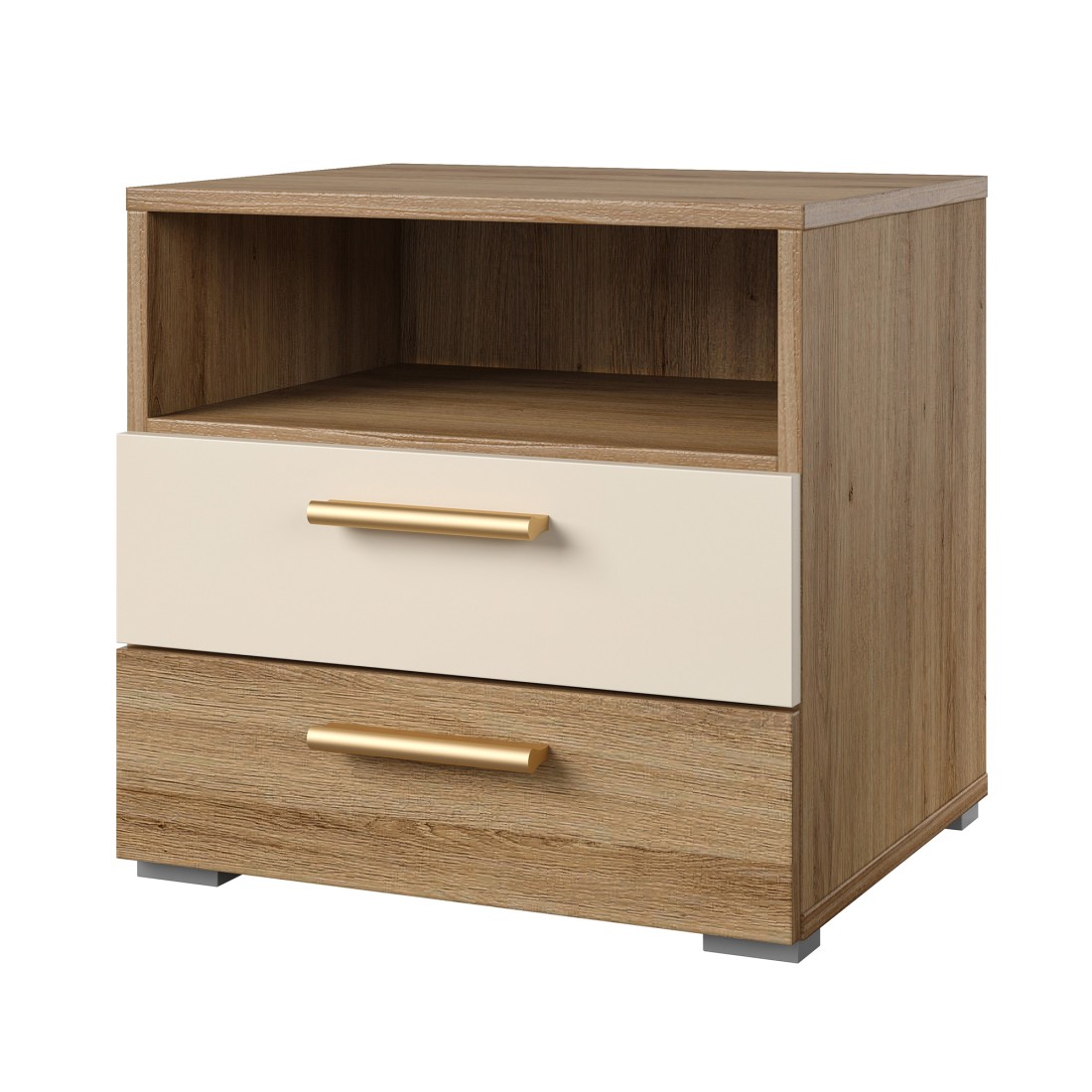 Table de chevet VERTIGO – 2 tiroirs + 1 niche – Chêne sauvage et beige sable – Poignées dorées