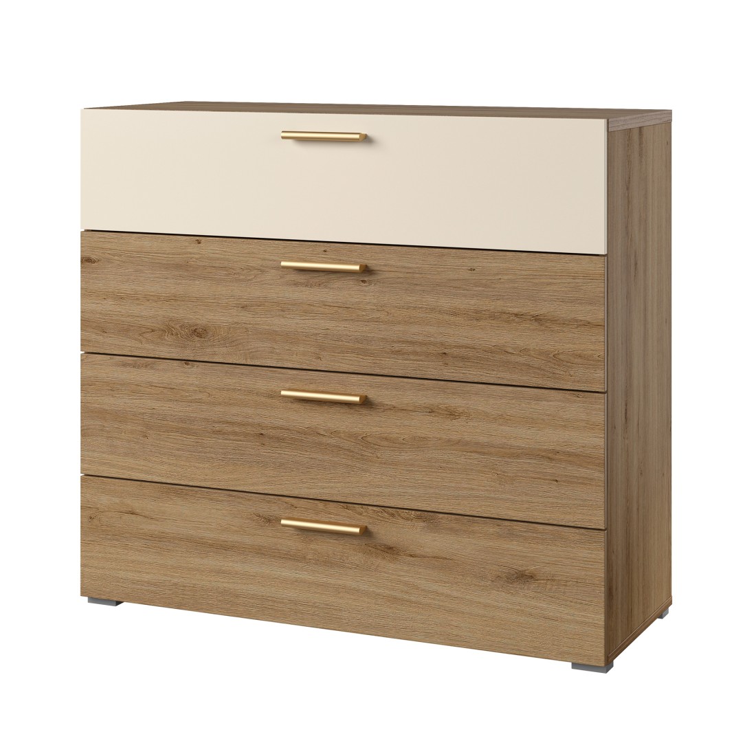 Commode VERTIGO – 4 tiroirs – Chêne sauvage et beige sable – Poignées dorées